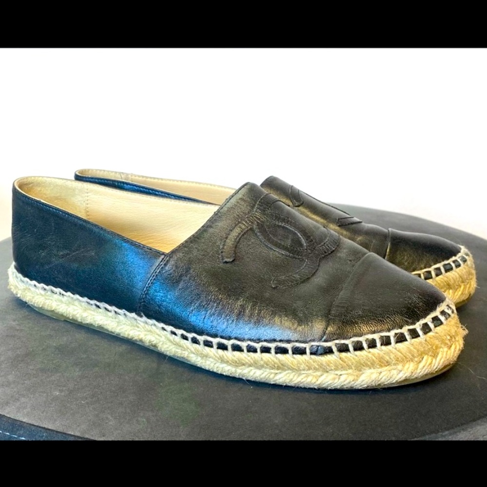 Black Leather Chanel Espadrille Shoes
